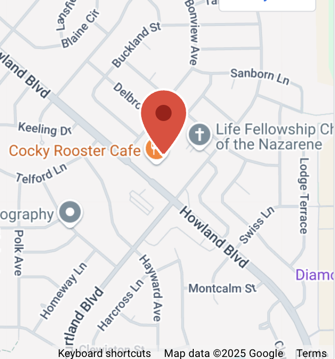 Map showing location of Cocky Rooster Cafe.